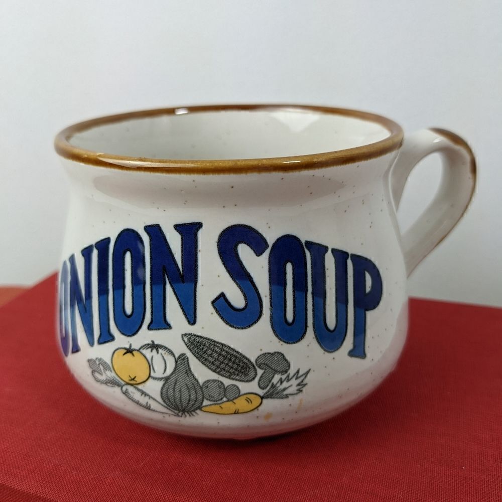 Vintage large mug Onion soup bowl with handle speckled 1970s